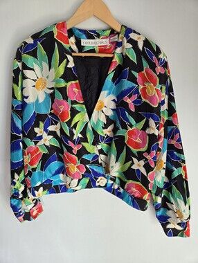 Vintage JOSEPHINE CHAUS Black Tropical Floral Silk Jacket
